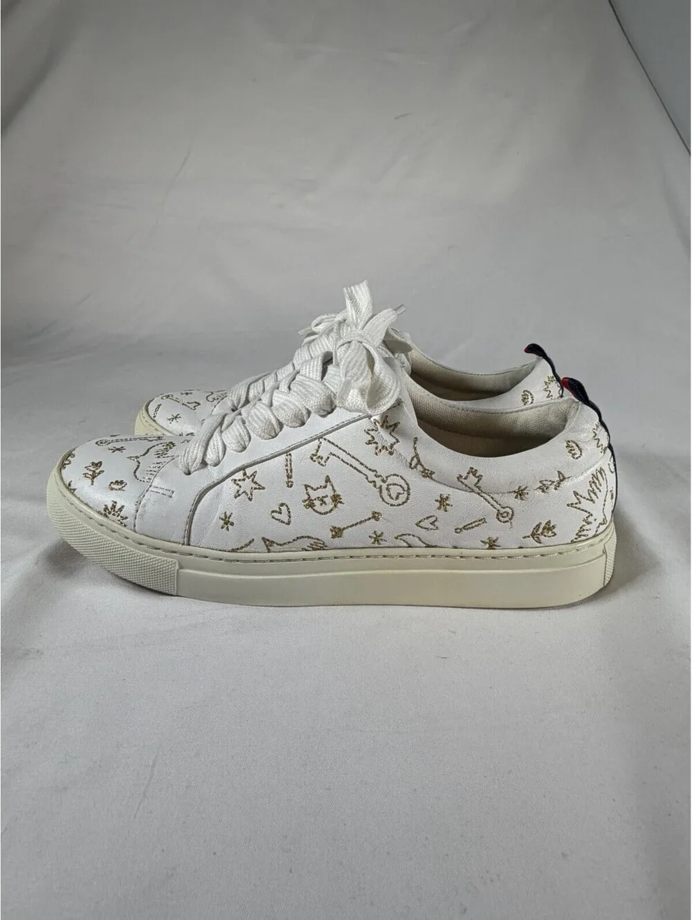 Boden White Leather Sneakers with Gold Embroidered Doodle Motif 38